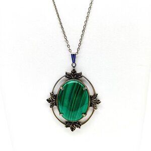 Malachite Look Green Pendant Necklace, Striped Lucite Vintage Cabochon in Silver